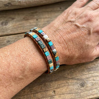 Natural Jasper Semi-Precious Stone Two Layer Leather Bracelet - 6 Colours
