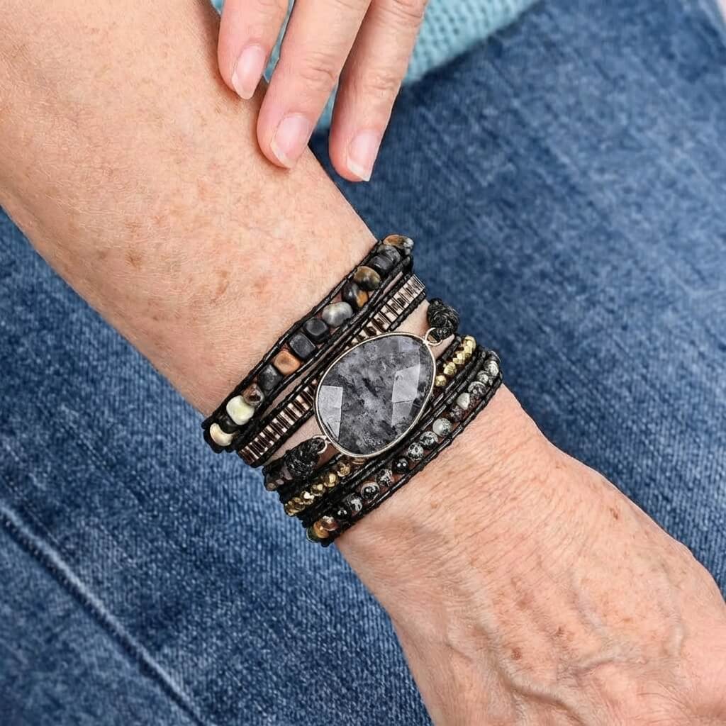 Natural Black Labradorite & Picasso Jasper Beaded Wrap Bracelet