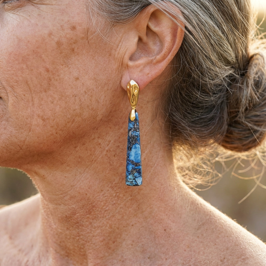 Handcrafted Radiant Blue Jasper Long Stud Earrings