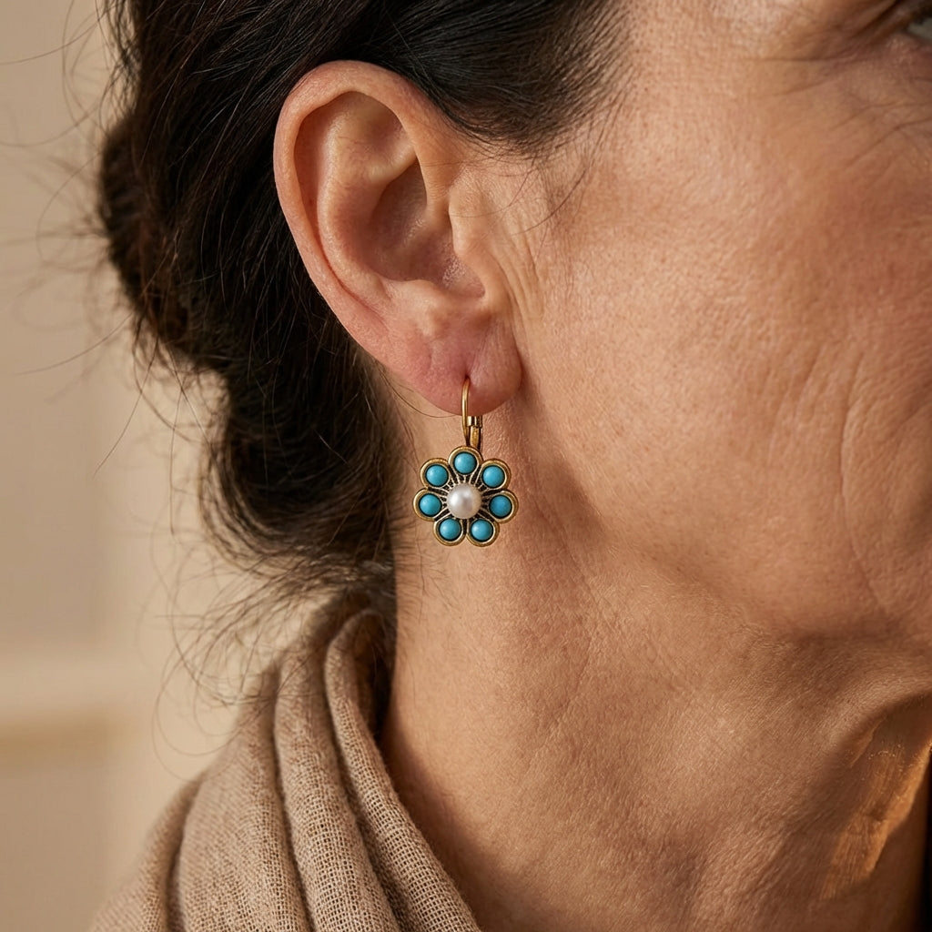 Vintage Style Turquoise And Pearls Flower Earrings