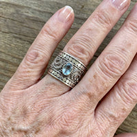 Vintage Ocean Blue Round Cubic Zirconia Wide Band Ring