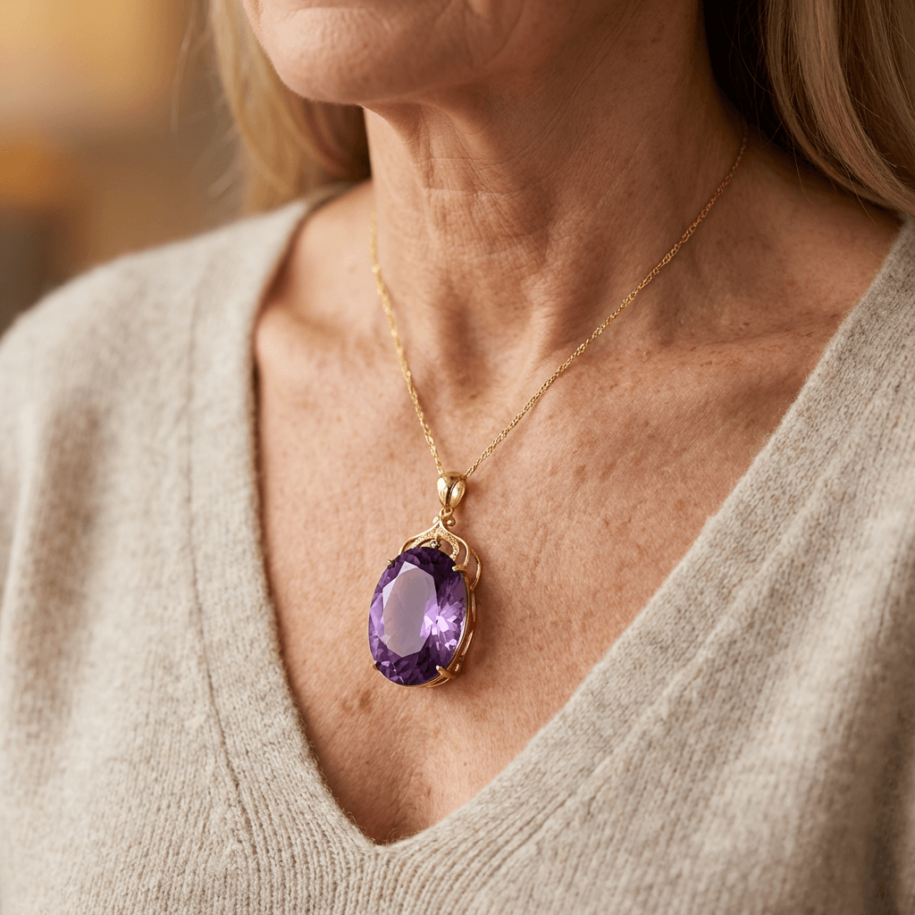 Elegant Purple Synthetic Zirconia Inlaid Oval Pendant Necklace