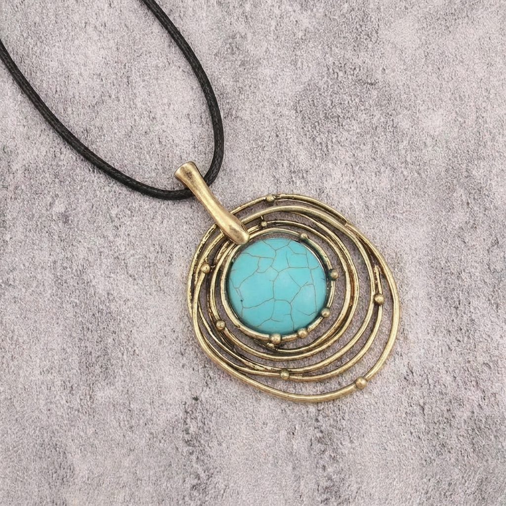 Classic Black Wax Cord Turquoise Stone Long Necklace