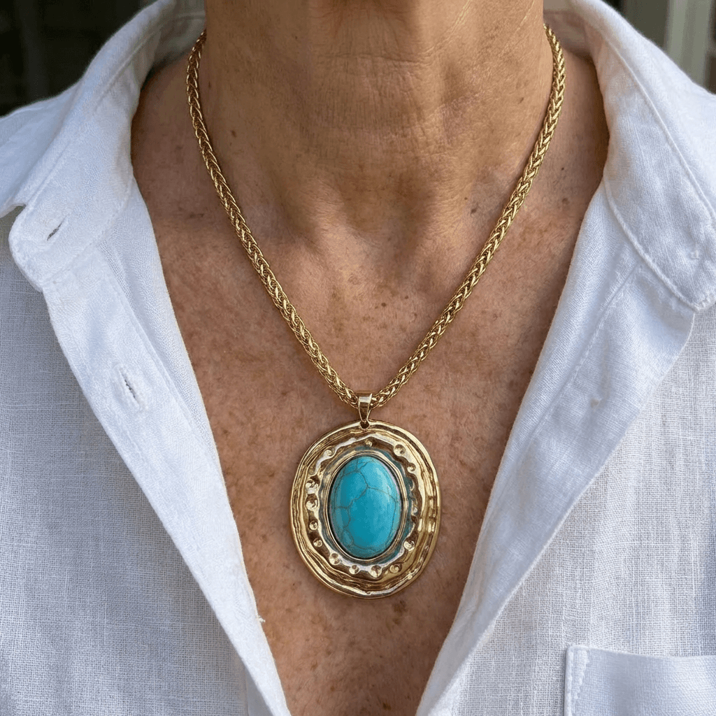 Vintage Snake Skin Chain Oval Faux Turquoise Pendant Necklace