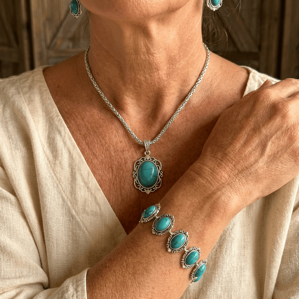 Vintage Bohemian Turquoise Floral Geometric Pattern Jewelry Set