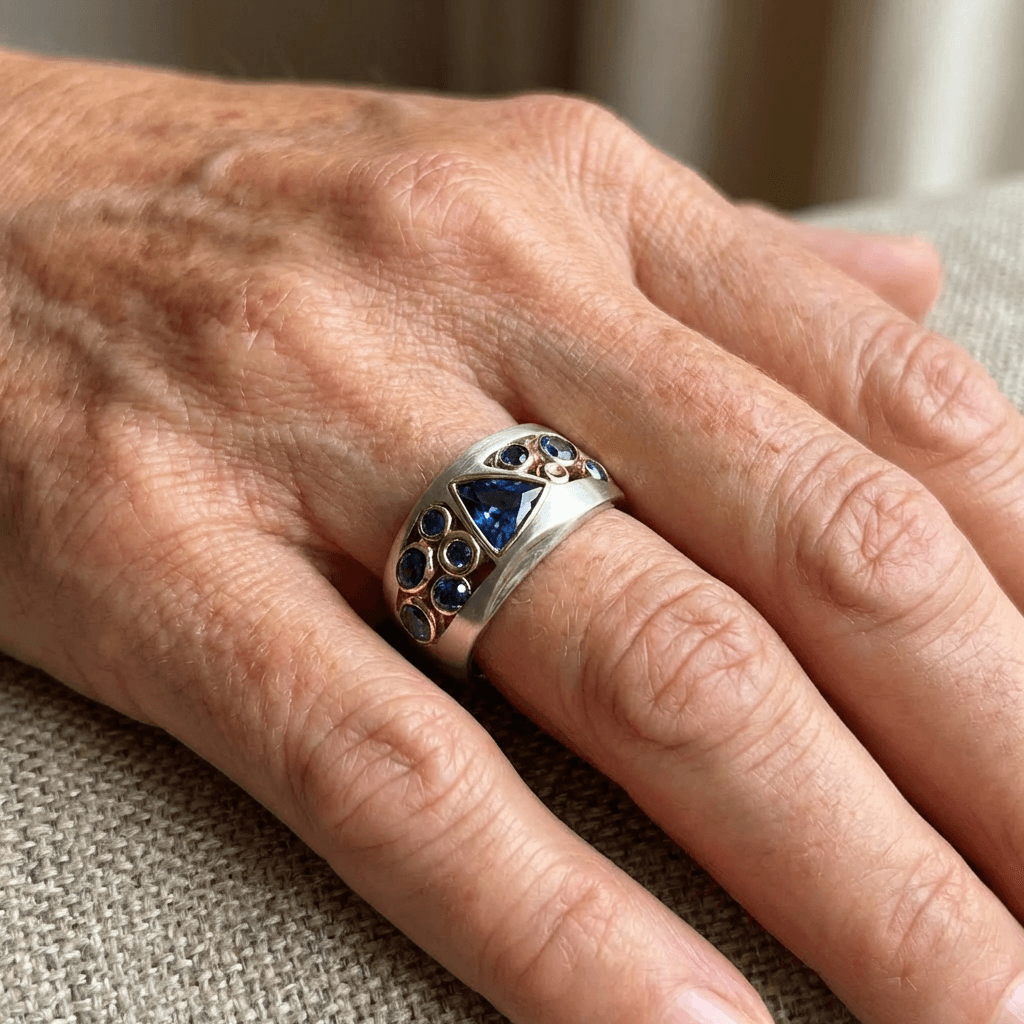 Elegant Silver & Gold Blue Geometric Zirconia Crystal Ring