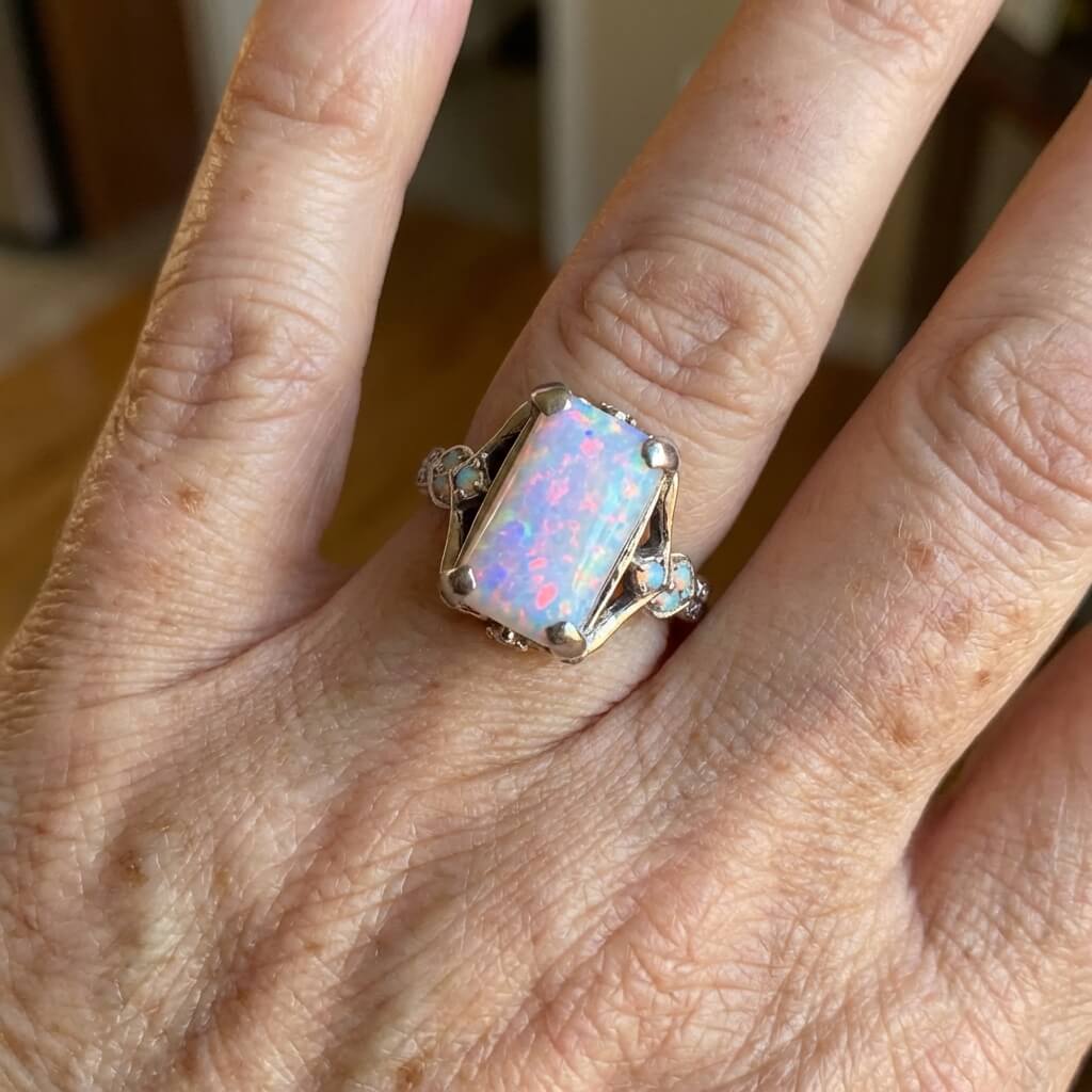 Vintage Boho Silver Plated Rectangular Opal Ring