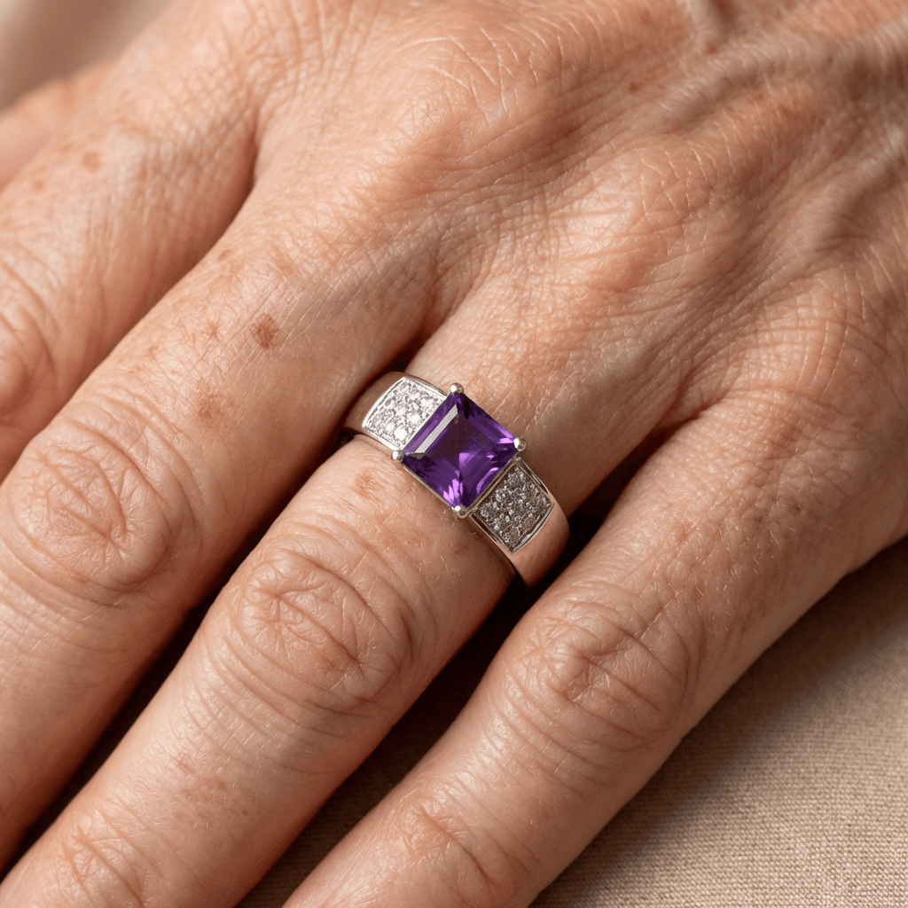 Retro Style Silver Square Purple Zirconia Crystal Ring