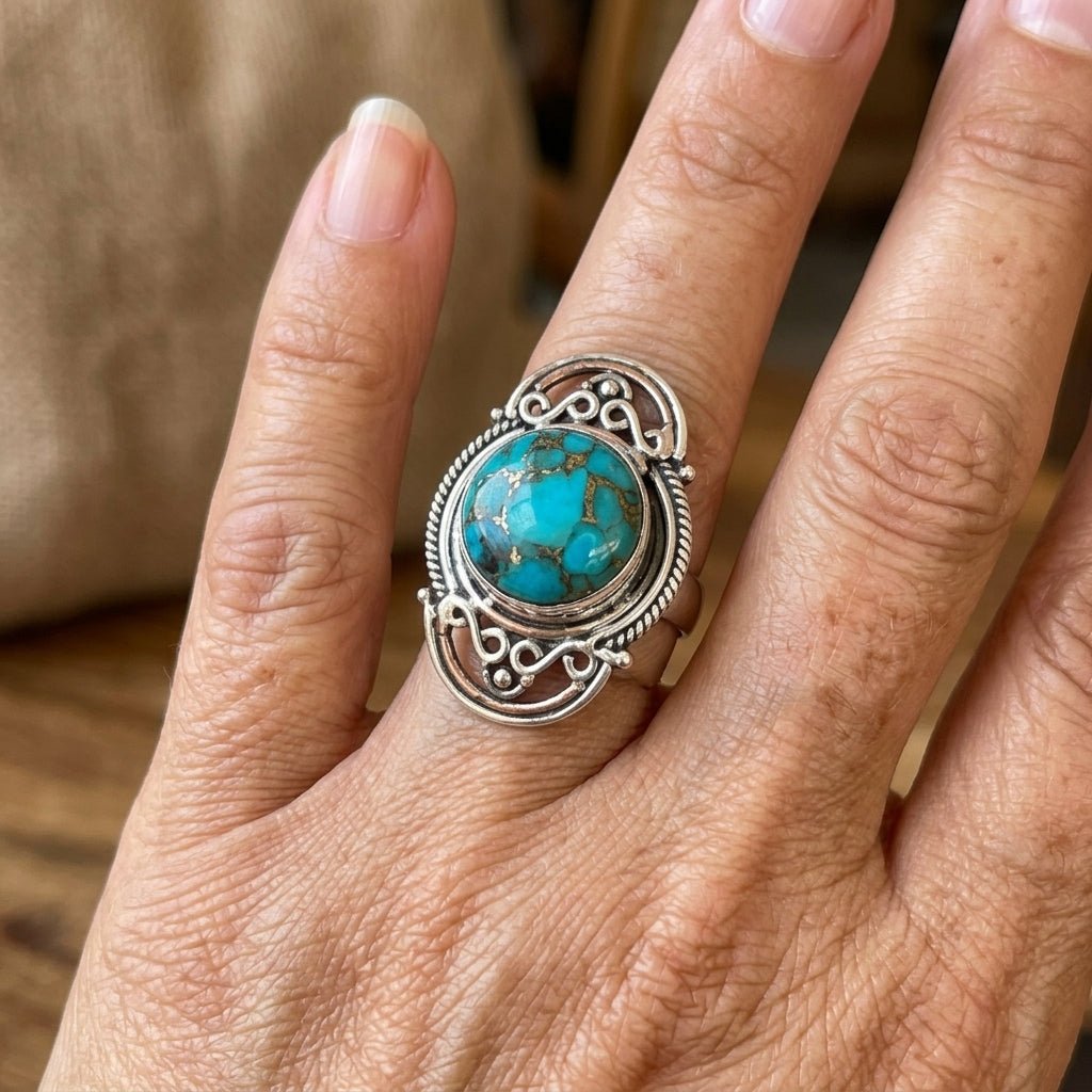 Wide Inlay Synthetic Turquoise Two Daily Wear Ring