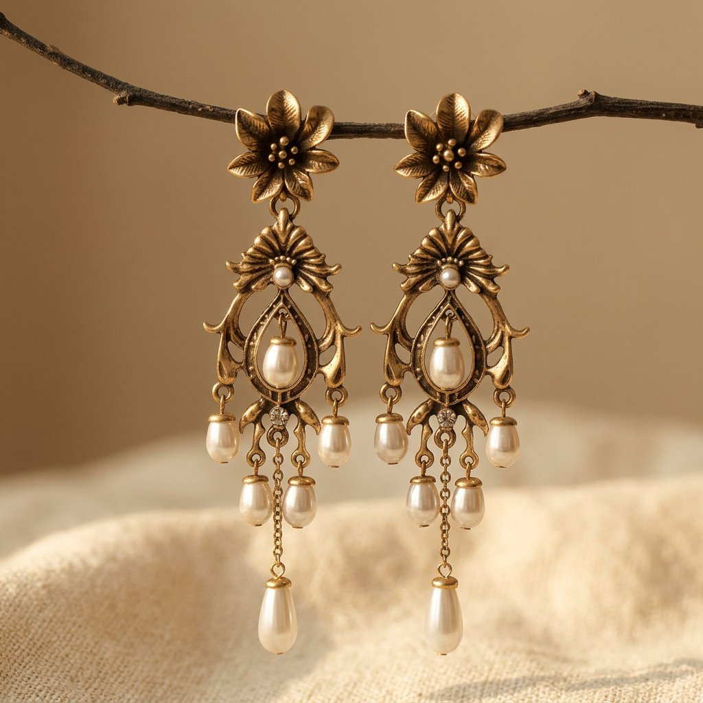 Vintage Flower Imitation Pearl Tassel Drop Earrings