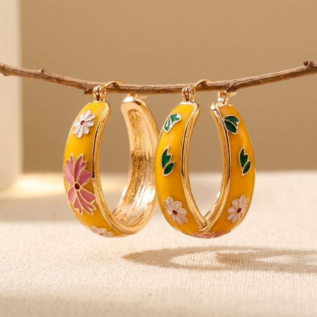 Vintage-Inspired Enamel Flower Hoop Earrings