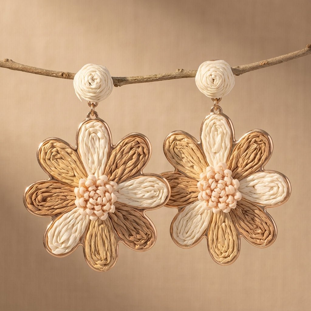 Boho Hand-Woven Raffia Flower Dangle Earrings
