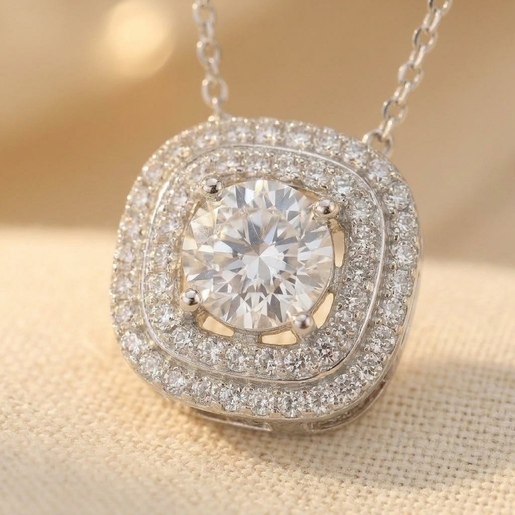 925 Sterling Silver Elegant Moissanite Necklace With Double Halo Design Necklace
