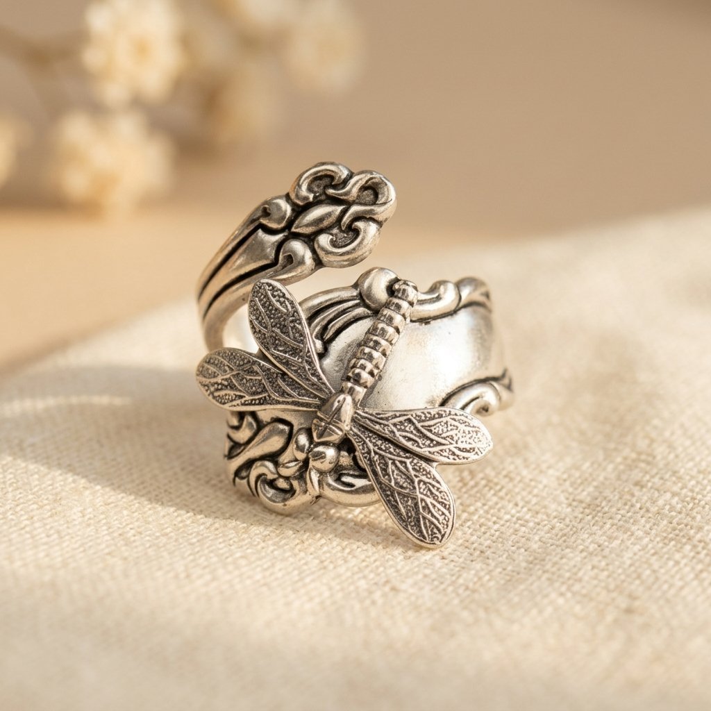 Bohemian Dragonfly Spoon Antique Silvery Ring