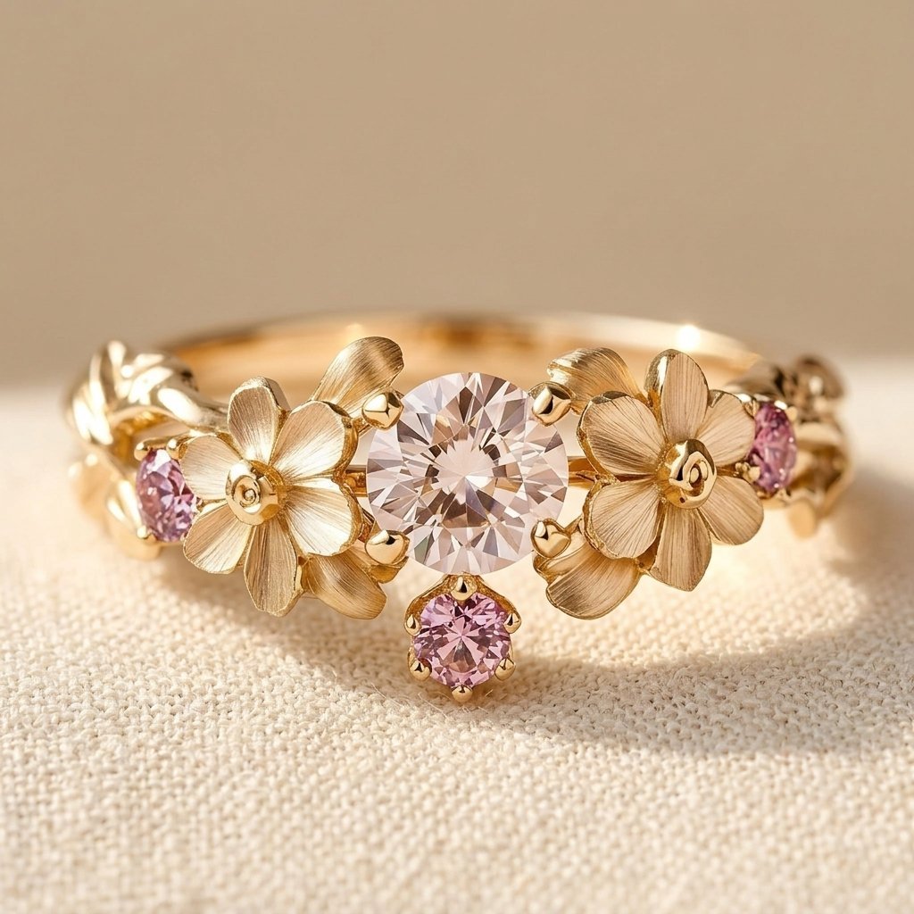 Vintage Style Flower With Round Cut Cz Ring