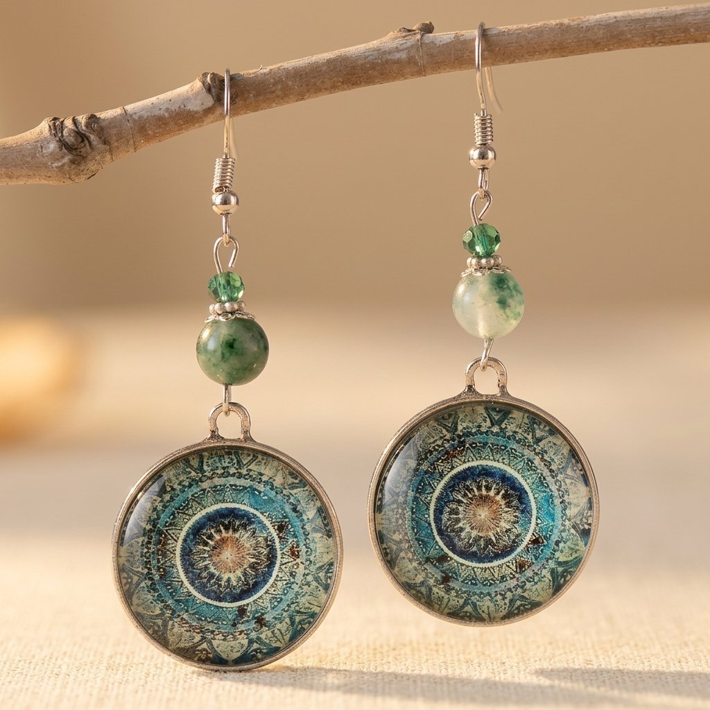 Blue Dangling Mandala Earrings