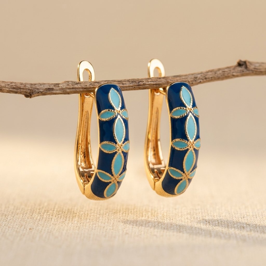 Vintage Enamel Flower Hoop Earrings