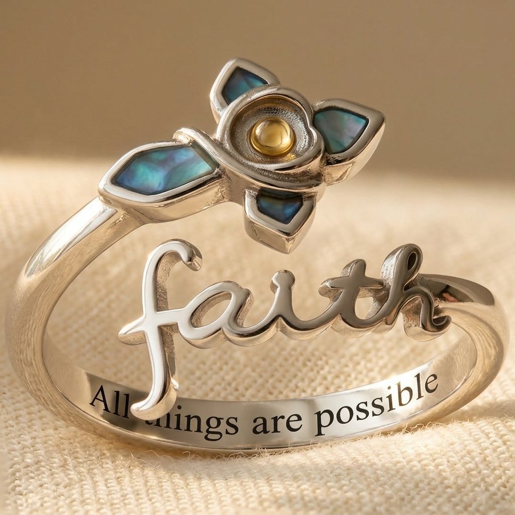 Silver Faith Cross Mustard Seed Abalone Shell Ring