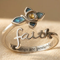 Silver Faith Cross Mustard Seed Abalone Shell Ring