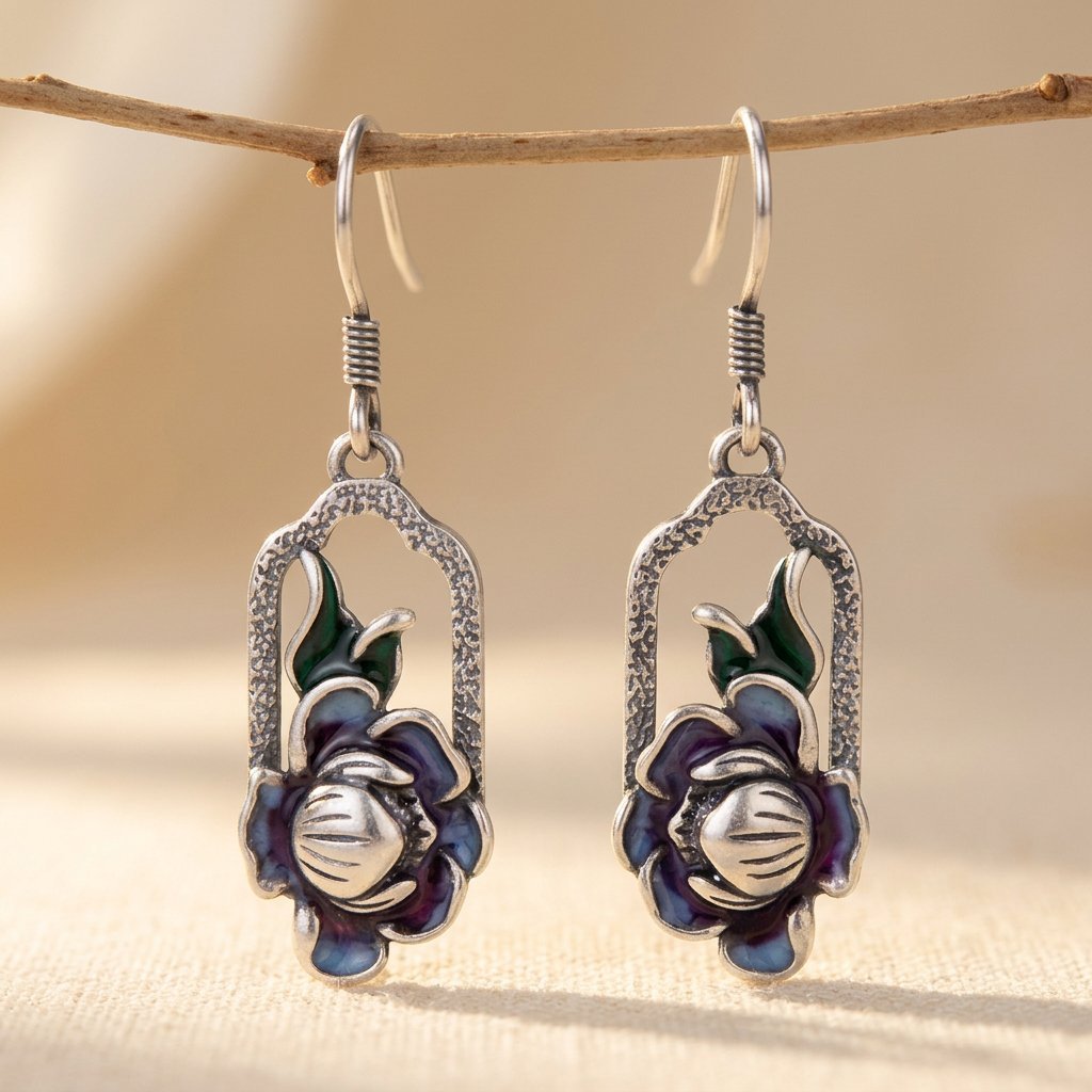 Lotus Flower Silvery Drop Earrings