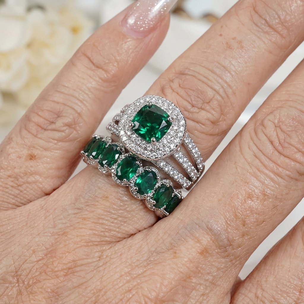 The Empress Cushion Emerald Double Halo Bridal Ring Set