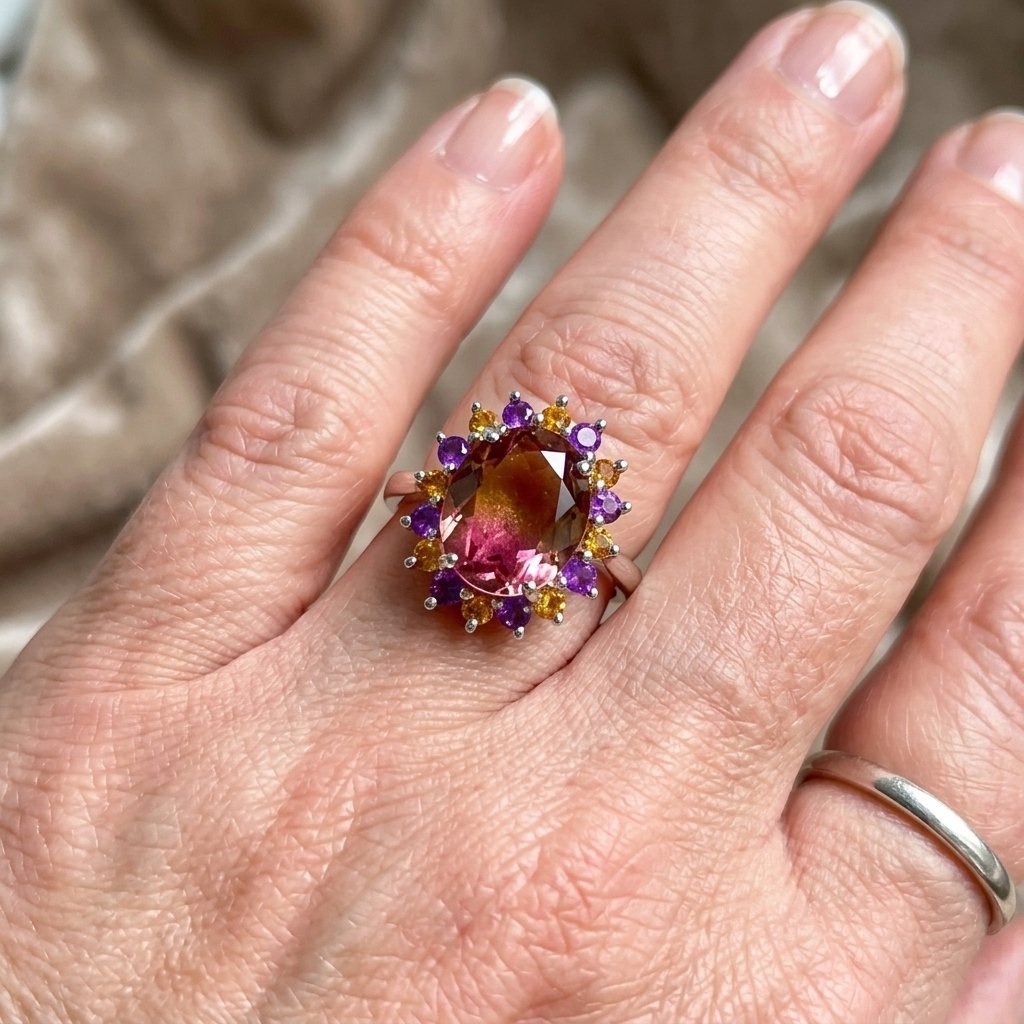 Bi-Color Purple & Yellow Crystal Statement Ring