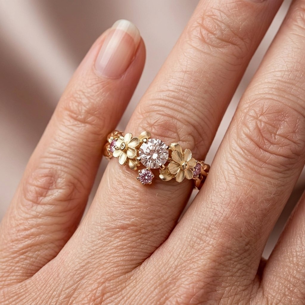 Vintage Style Flower With Round Cut Cz Ring