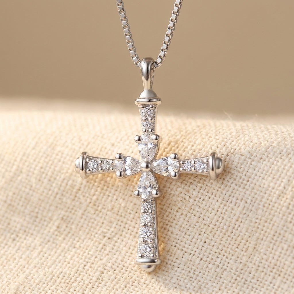 925 Sterling Silver Elegant Silver Cross Necklace With Sparkling Moiss Necklace