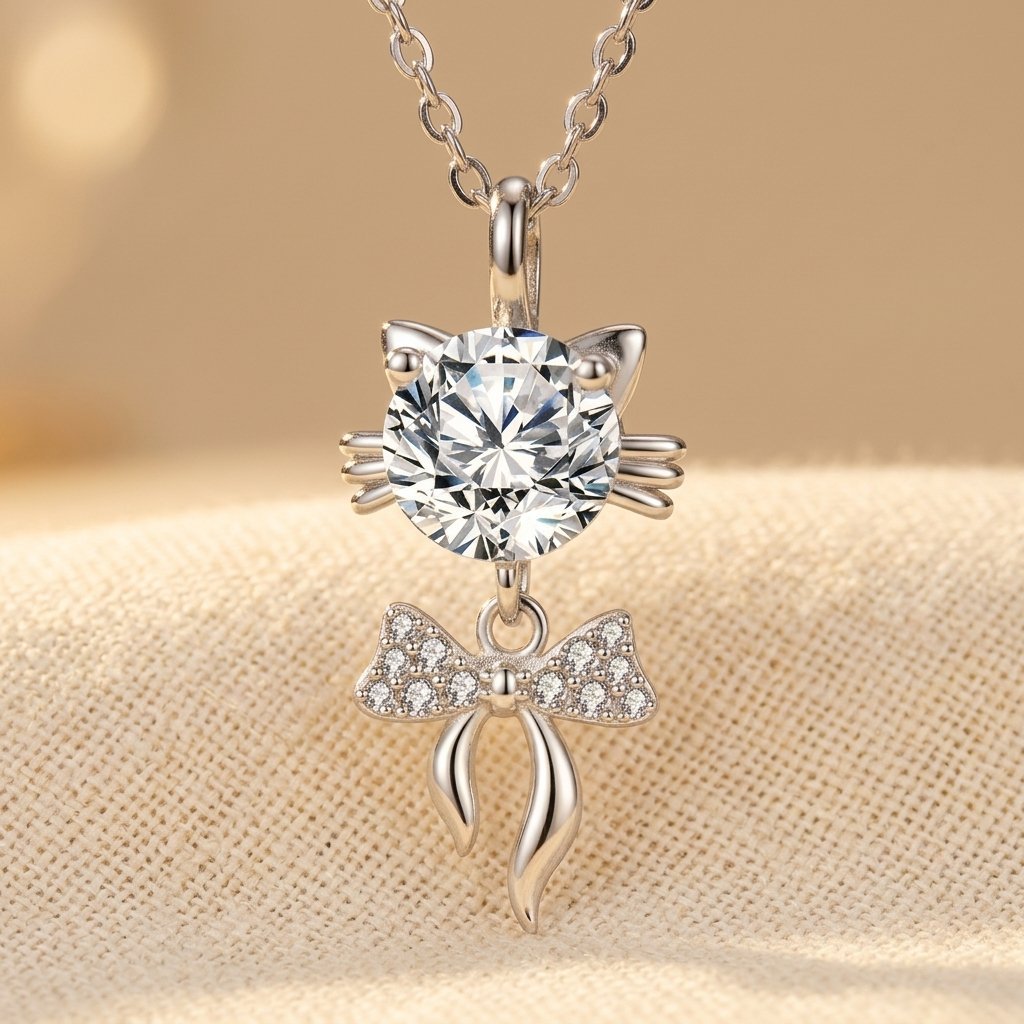 Elegant 925 Sterling Silver Moissanite Cat Pendant Necklace with Delic