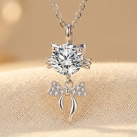 Elegant 925 Sterling Silver Moissanite Cat Pendant Necklace with Delic
