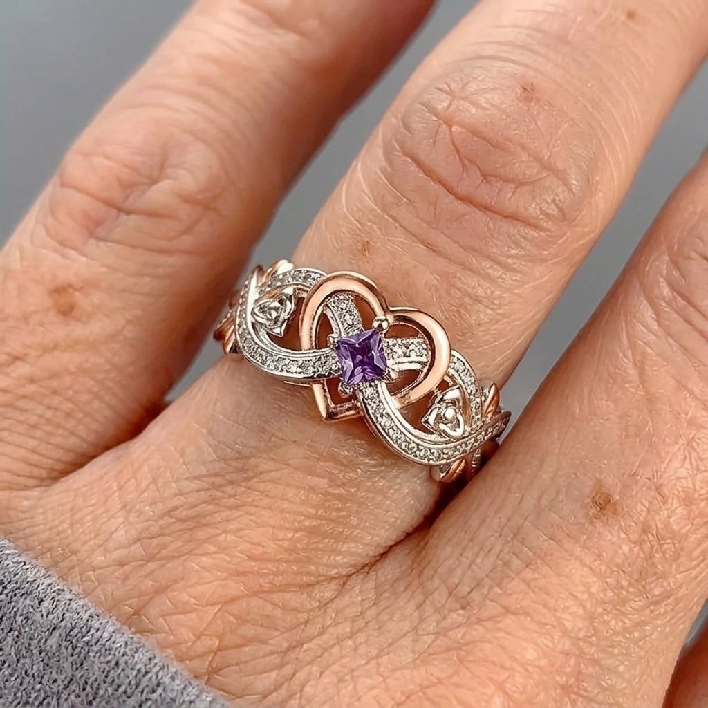 Two-Tone Celtic Heart with Purple Stone Ring