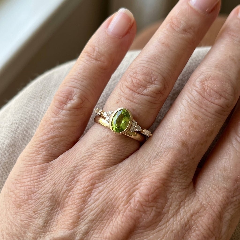 Elodie Oval Peridot and Baguette Diamond Ring in Yellow Gold