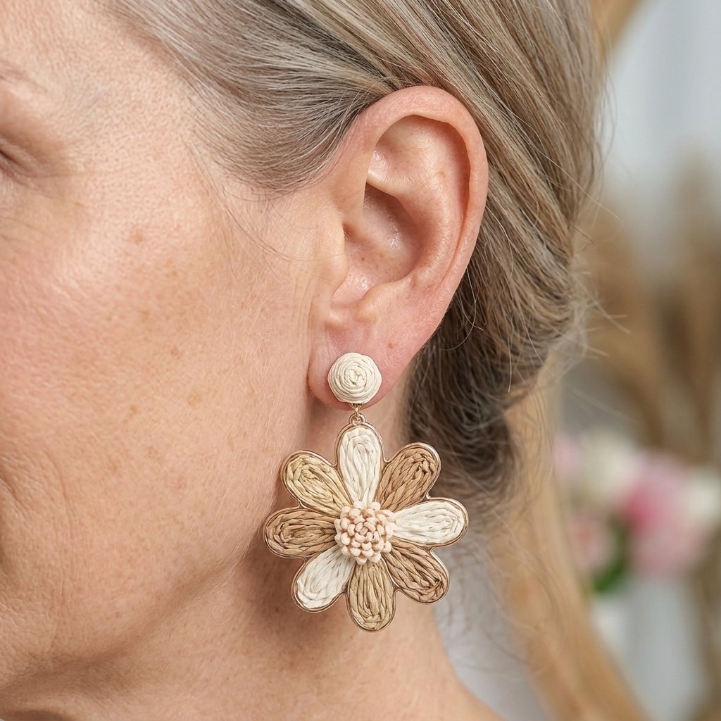Boho Hand-Woven Raffia Flower Dangle Earrings