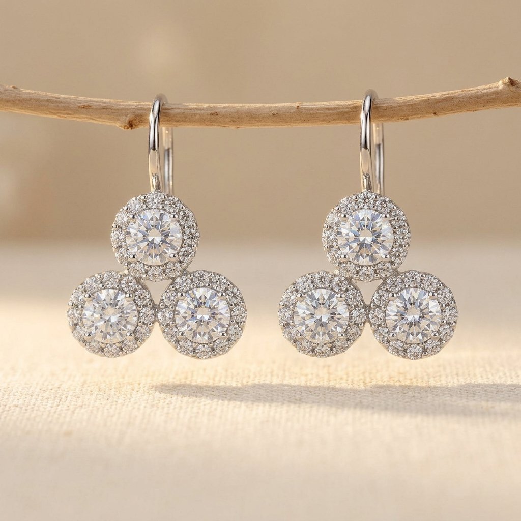 925 Sterling Silver **triple Moissanite Cluster Earrings In Plated