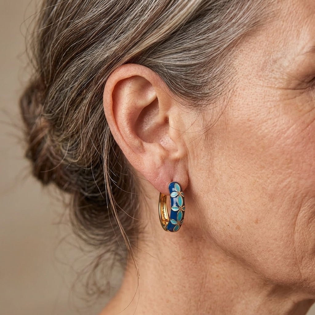 Vintage Enamel Flower Hoop Earrings