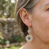 Vintage Antique Silver Sunflower Dangle Earrings