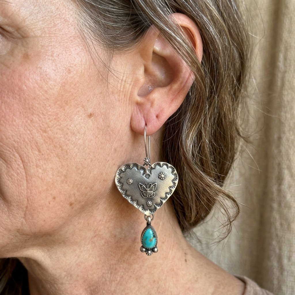 Artisan Handmade Turquoise Silvery Heart Dangle Handmade Earrings