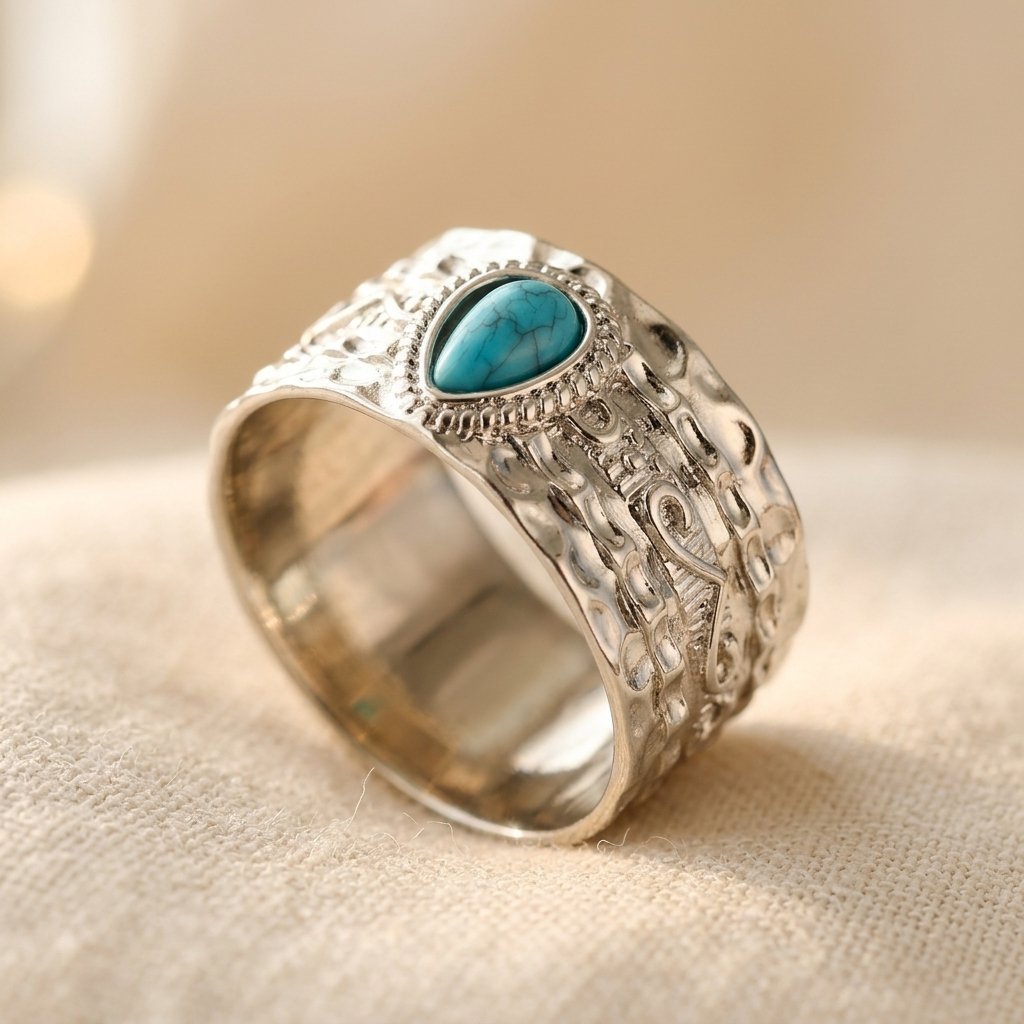 Bohemian Turquoise Wide Copper with Teardrop Cubic Zirconia Ring