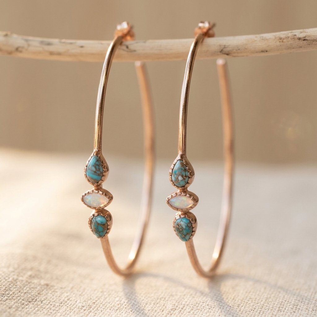 Turquoise  Handmade Boho Hoop Stone Earrings