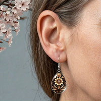 Floral Wood Dangle Teardrop Earrings