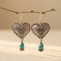 Artisan Handmade Turquoise Silvery Heart Dangle Handmade Earrings