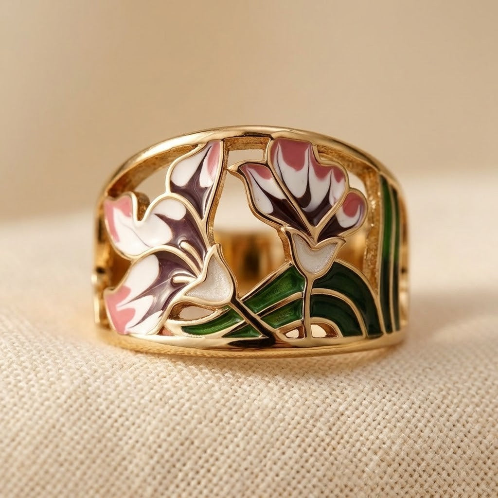 Bohemian Enamel Floral Wide Band Ring