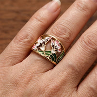 Bohemian Enamel Floral Wide Band Ring