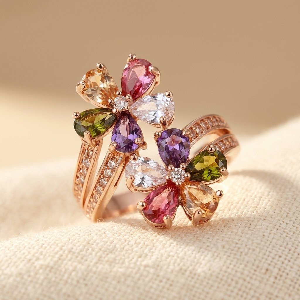 Boho Double Flower Weddings Proposals Colorful Synthetic Rin Ring