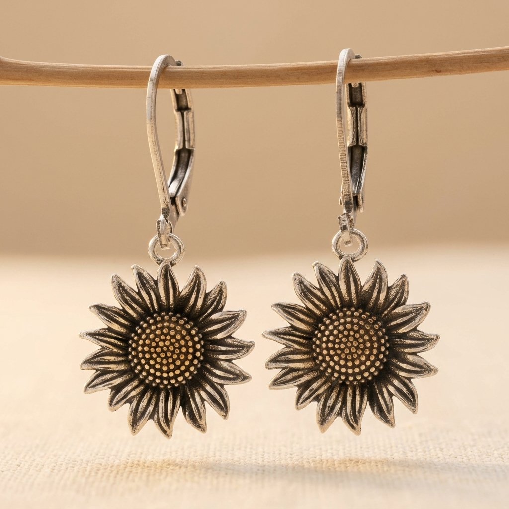Leverback Vintage Sunflower Earrings - Gold Center