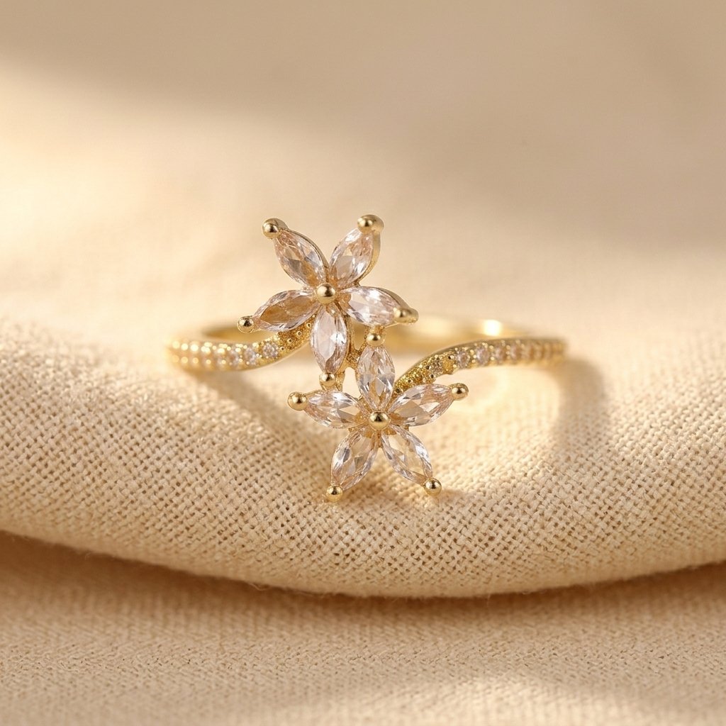 Sparkling Zirconia Flower Golden Ring