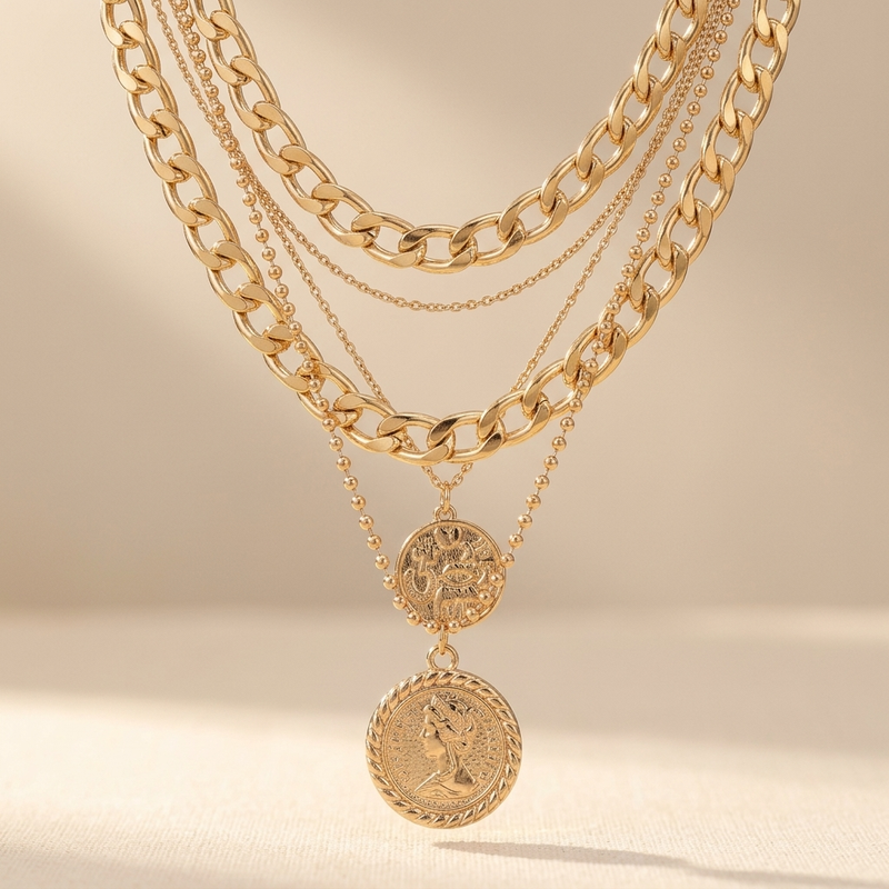 Layered Chain Necklace With Interlocking Rings