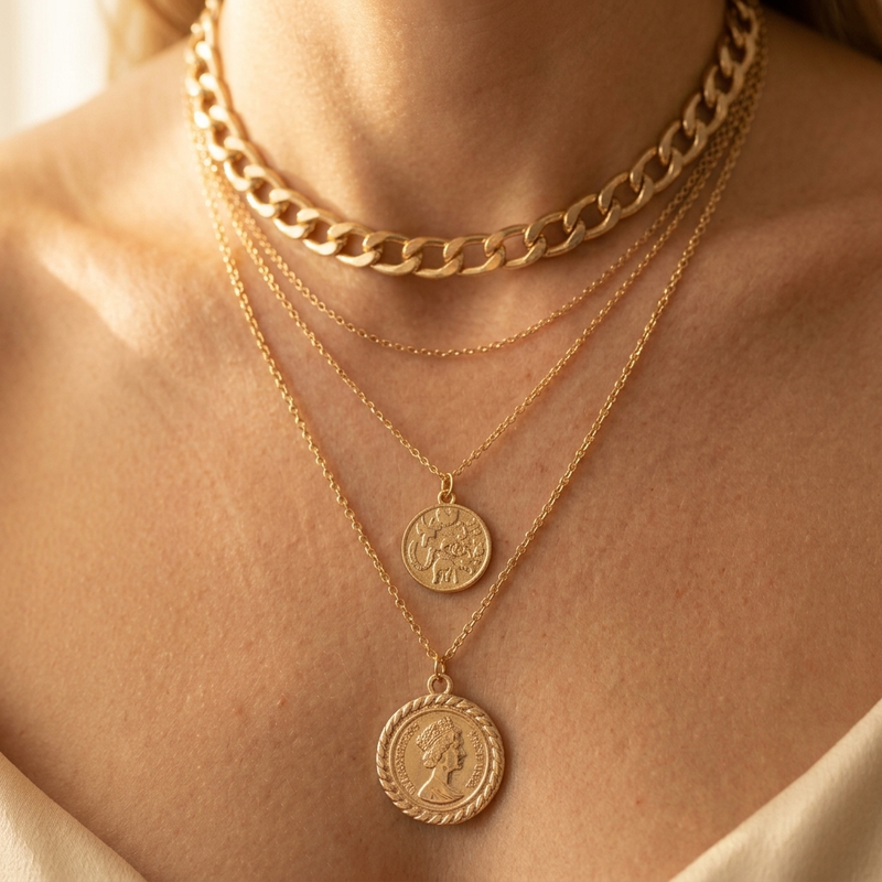 Layered Chain Necklace With Interlocking Rings