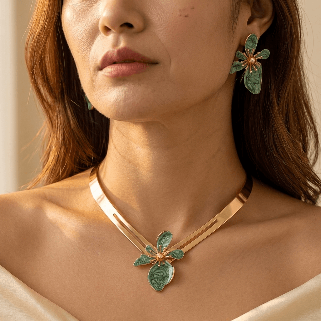 Floral Necklace Stud Earrings Jewelry Set