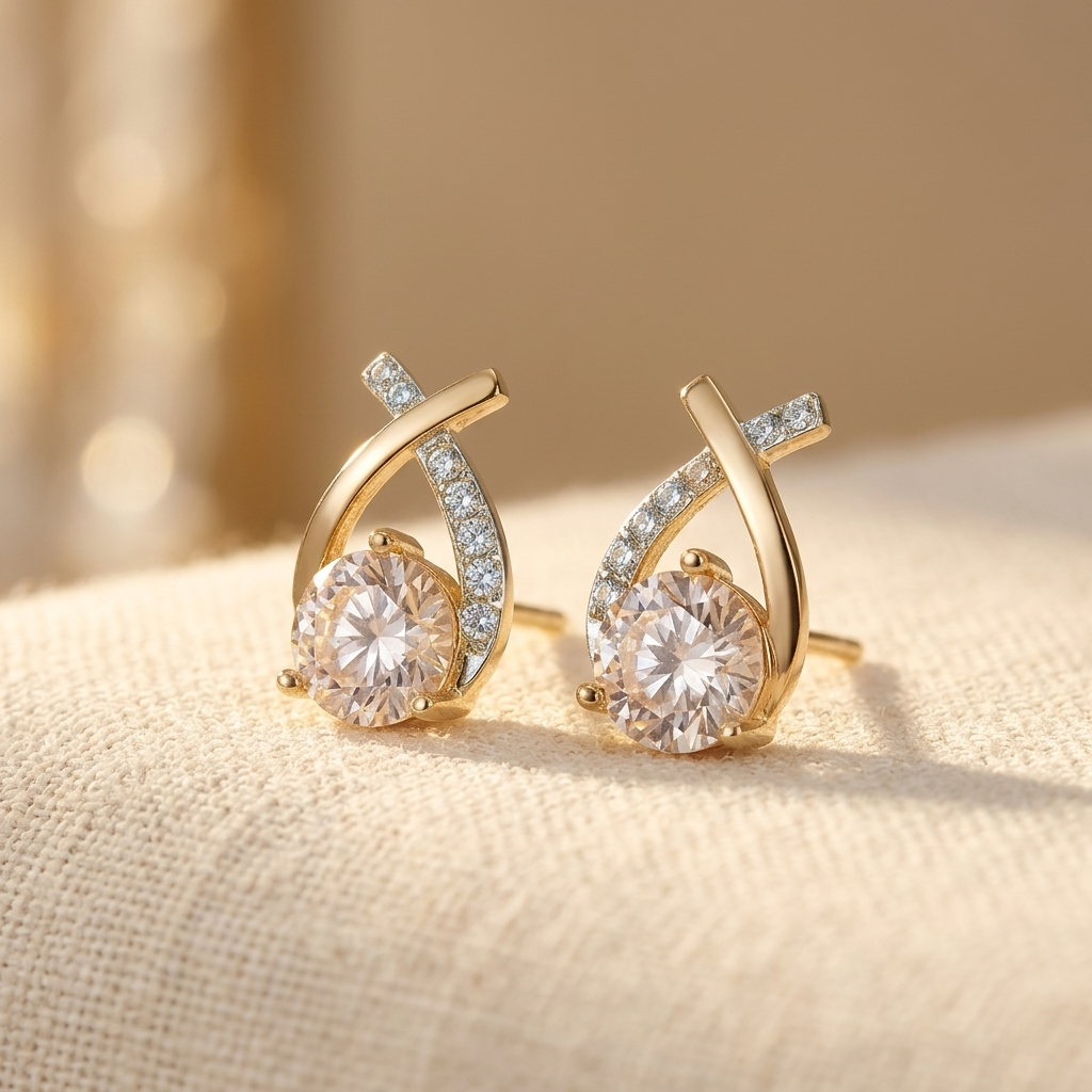 Golden Cross Zirconia Stud Earrings